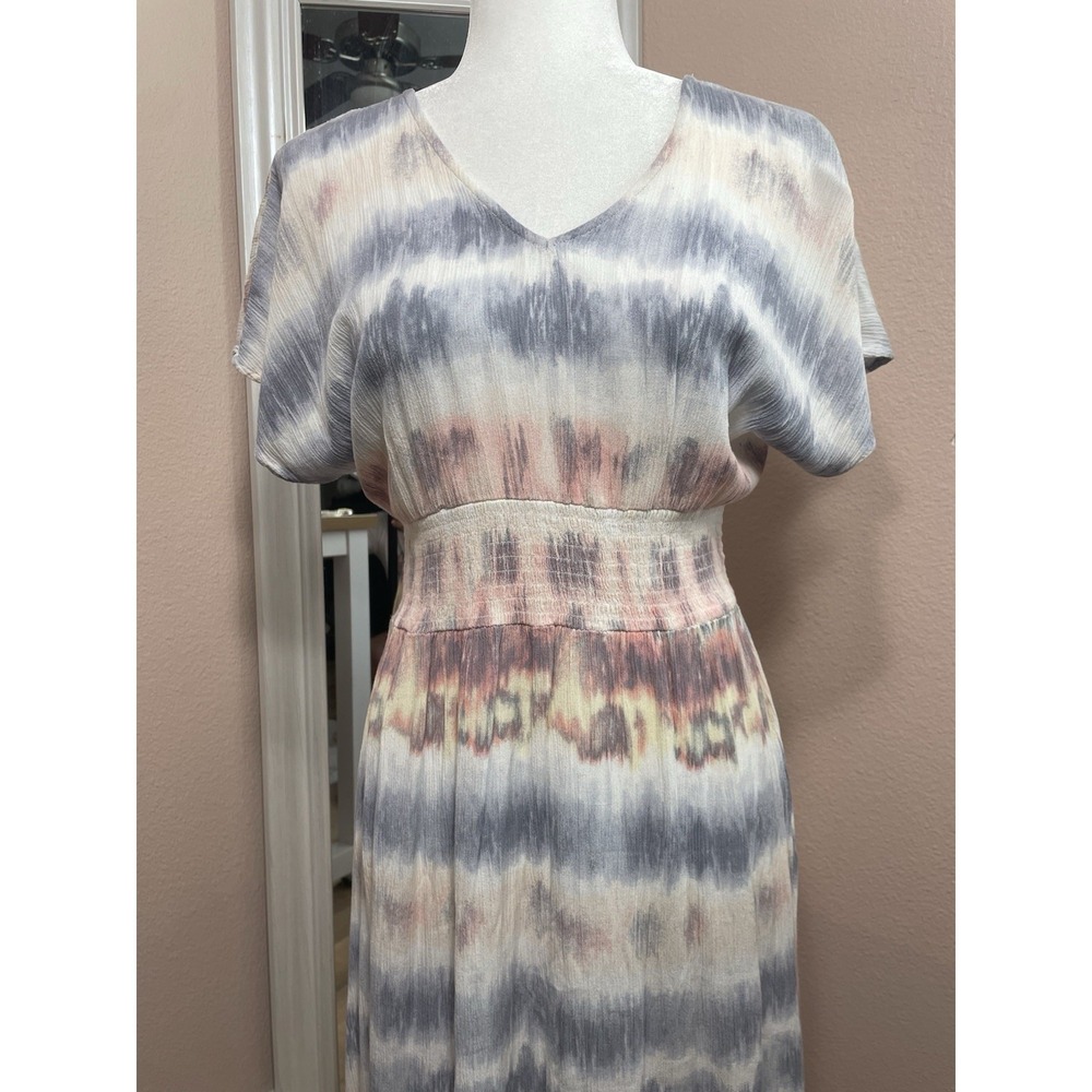 Bebop Boho Midi Dress Medium Tie Dye V Neck Smocked Waist Rayon Short Sleeve
